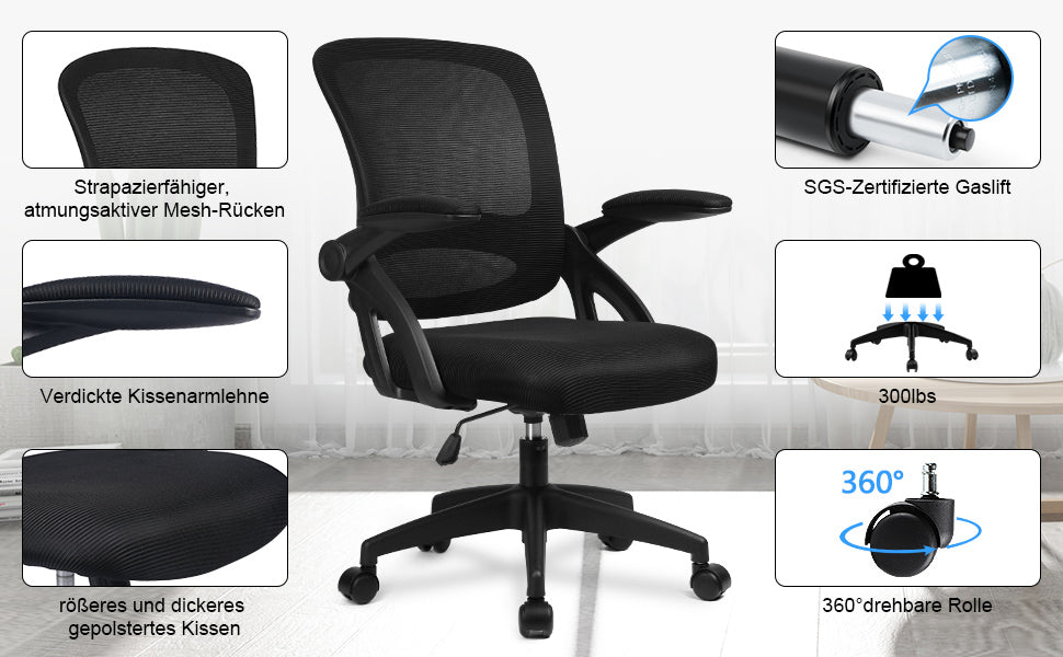  Bürostuhl mit hochklappbaren Armlehnen, Ergonomischer Schreibtischstuhl, Drehstuhl Chefsessel Netz Stuhl Schwarz