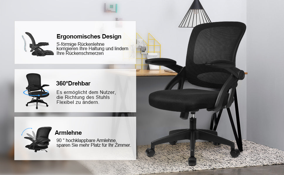 Bürostuhl mit hochklappbaren Armlehnen, Ergonomischer Schreibtischstuhl, Drehstuhl Chefsessel Netz Stuhl Schwarz