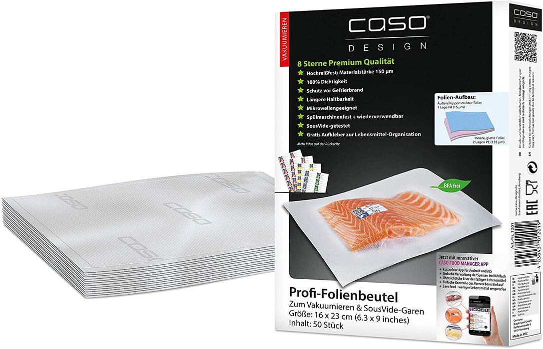 CASO Profi- Folienbeutel 16x23 cm / 50 Beutel, für alle Vakuumierer, BPA-frei, sehr stark & reißfest ca. 150µm, aromadicht, kochfest, Sous Vide