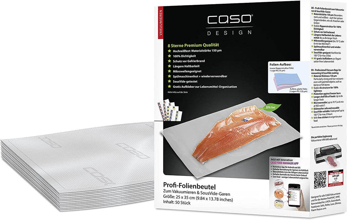 CASO Profi- Folienbeutel 25x35 cm / 50 Beutel, für alle Vakuumierer, BPA-frei, sehr stark & reißfest ca. 150µm, aromadicht, kochfest, Sous Vide