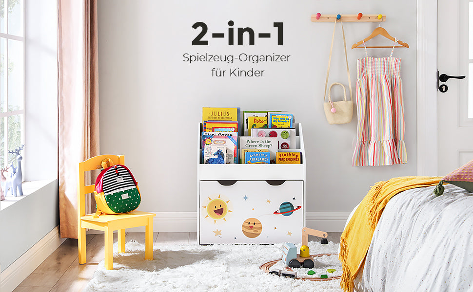 Spielzeugregal, Bücherregal für Kinder, Kinderzimmerregal mit 3 Fächern und herausziehbarer Spielzeugkiste mit Rollen, Spielzeug-Organizer