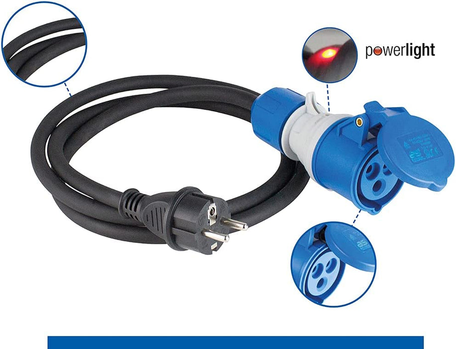 CEE Outdoor Adapterleitung 1,5m, CEE-Kupplung 3-polig mit powerlight Spannungsanzeige + Schutzkontaktstecker, für Outdoor-Einsatz mit IP44