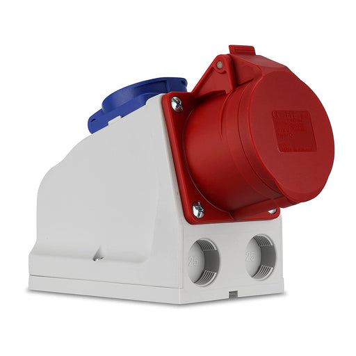 CEE Wandsteckdose, 400 VAC u. 230 VAC, 16 A, 5-polig, 3P + N + PE, IP44, mehrfarbig