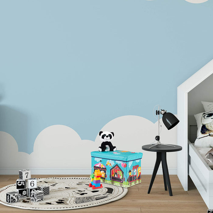 Circus Sitzbox Kinder, Faltbare Aufbewahrungsbox mit Stauraum, Deckel, Zirkus Motiv, Jungen & Mädchen, 50 l, türkis