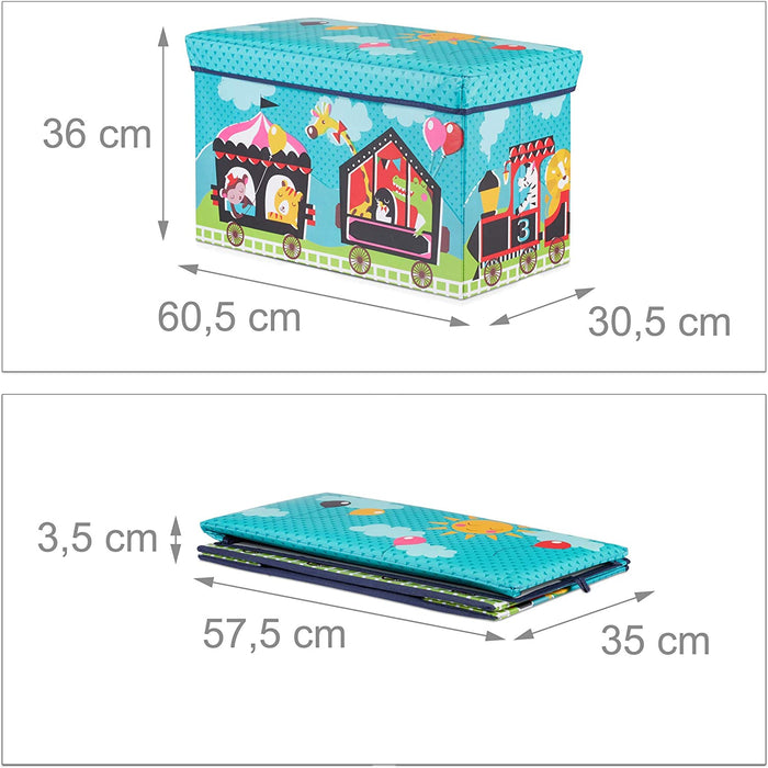 Circus Sitzbox Kinder, Faltbare Aufbewahrungsbox mit Stauraum, Deckel, Zirkus Motiv, Jungen & Mädchen, 50 l, türkis