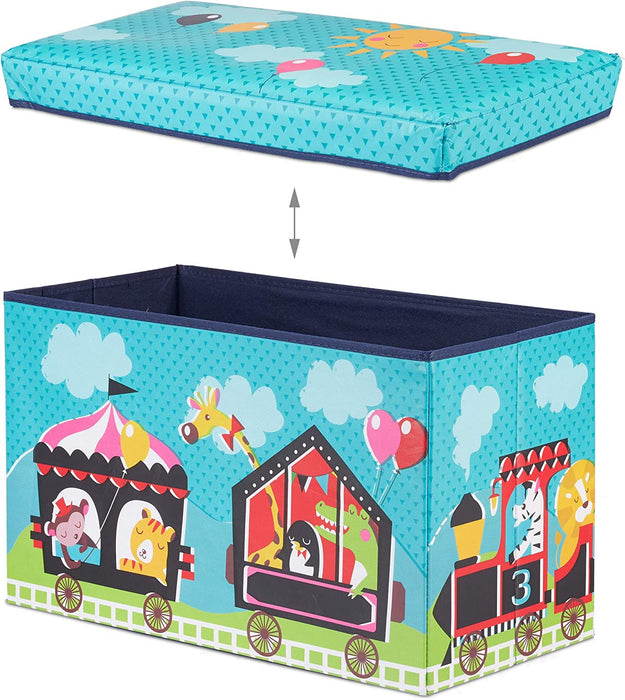 Circus Sitzbox Kinder, Faltbare Aufbewahrungsbox mit Stauraum, Deckel, Zirkus Motiv, Jungen & Mädchen, 50 l, türkis