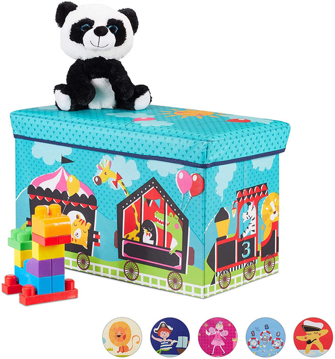 Circus Sitzbox Kinder, Faltbare Aufbewahrungsbox mit Stauraum, Deckel, Zirkus Motiv, Jungen & Mädchen, 50 l, türkis