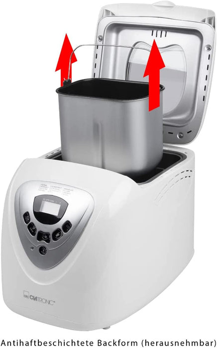 Clatronic Brotbackautomat mit Timer, vollautomatische Teig- und Brot-Zubereitung, 12 Backprogramme, Brot-Backautomat elektrisch, Backform 