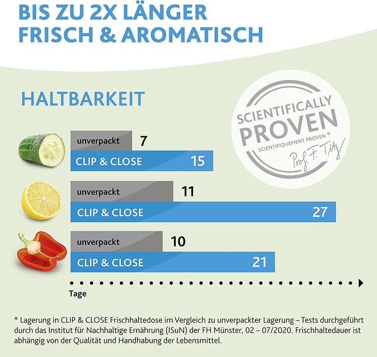 Clip & Close Frischhaltedosen-Set 3-teilig | 3x0,55 L | stapelbar | mikrowellenfest | -40 bis +100 Grad | Kunststoff | 100% dicht | Frische-Dichtung 