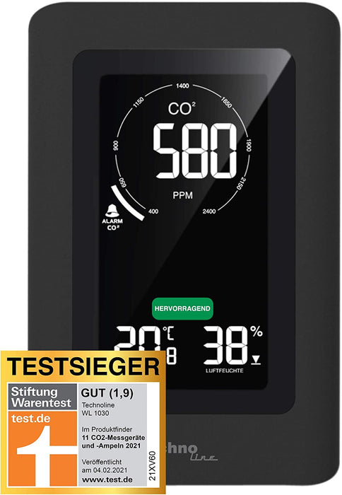 Co2 Messgerät, CO2-Anzeige, CO2-Ampel mit grafischen Lüftungsempfehlungen, NDIR, Schwarz