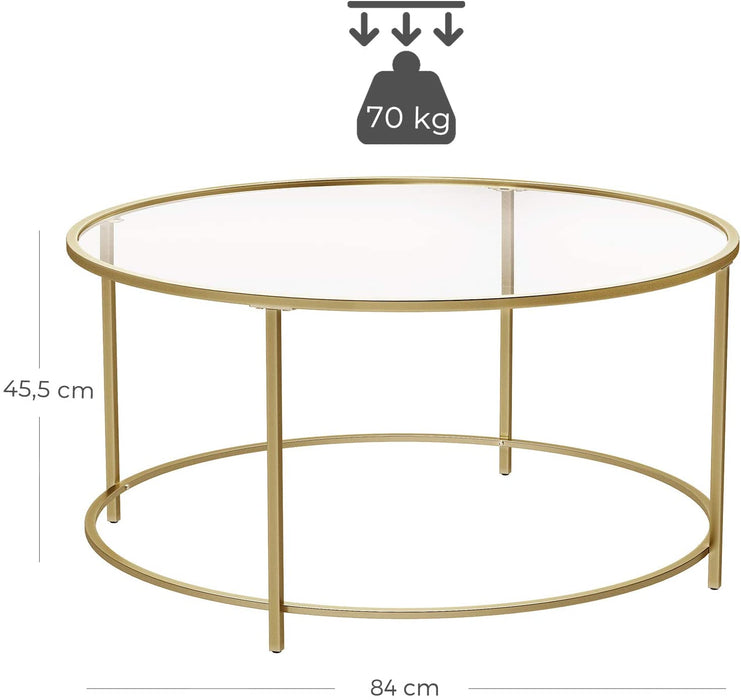 Couchtisch, Beistelltisch rund, Glastisch mit Metallgestell, Hartglas, Nachttisch, Sofatisch, für Balkon, golden