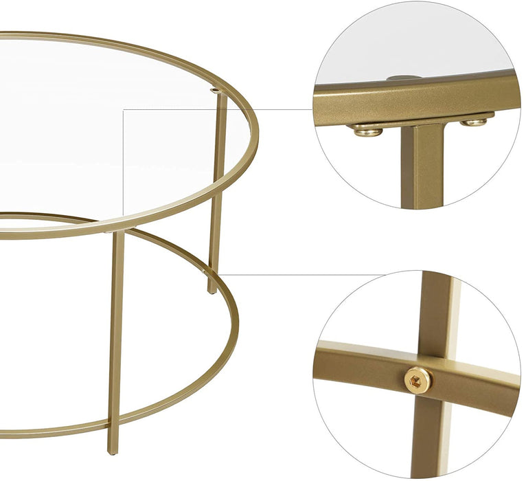 Couchtisch, Beistelltisch rund, Glastisch mit Metallgestell, Hartglas, Nachttisch, Sofatisch, für Balkon, golden