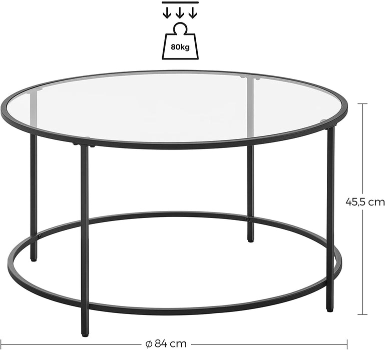 Couchtisch, Beistelltisch rund, Glastisch mit Metallgestell, Hartglas, Nachttisch, Sofatisch, für Balkon, schwarz