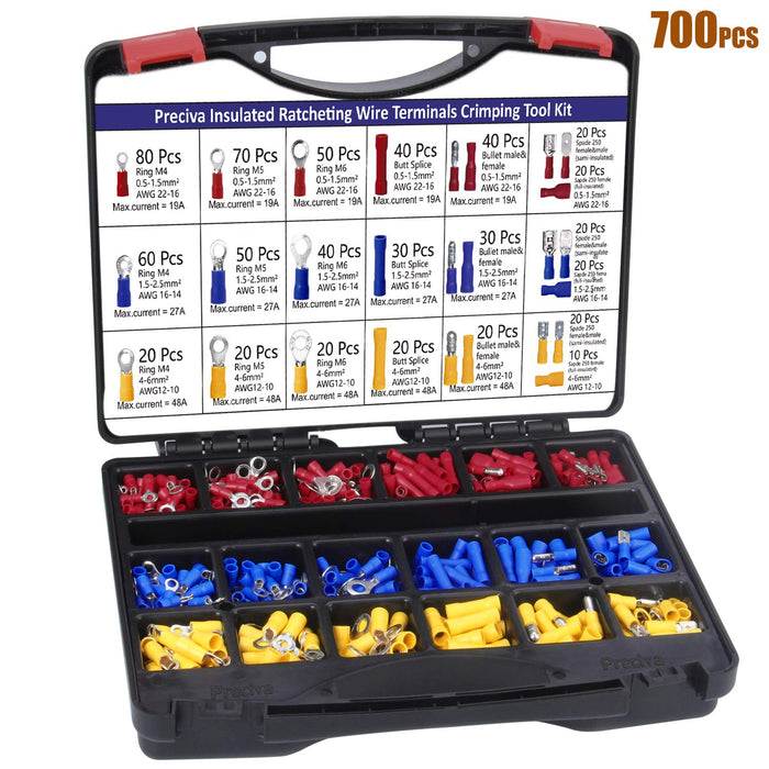 Crimpzange Kabelschuhe Set, Kabelschuhzange mit 700 stk. Elektrische Steckverbinder Quetschverbinder Sortiment 0,5-6 qmm für isolierte Kabelschuhe