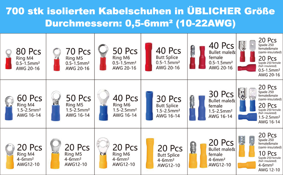 Crimpzange Kabelschuhe Set, Kabelschuhzange mit 700 stk. Elektrische Steckverbinder Quetschverbinder Sortiment 0,5-6 qmm für isolierte Kabelschuhe