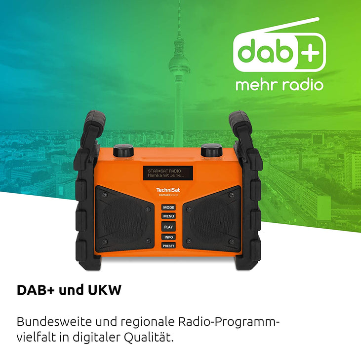 DAB+ Baustellenradio (DAB+, DAB, UKW, USB, AUX in, Bluetooth, leistungsstarker Akku, Favoritenspeicher, 2 x 6 Watt Stereo-Lautsprecher) orange
