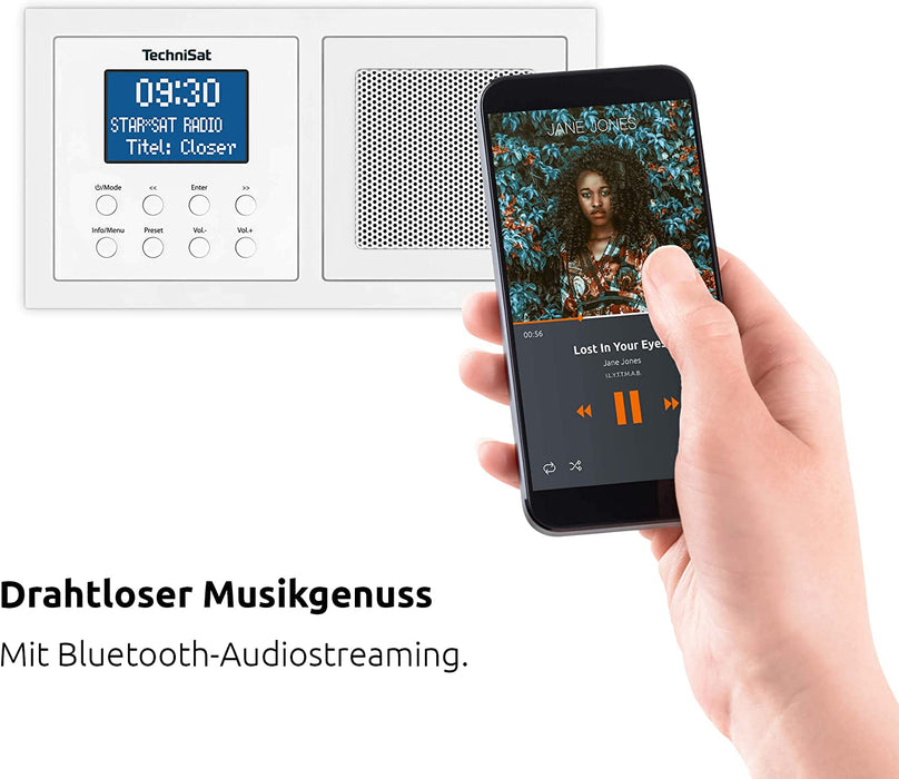 DAB+ Unterputzradio zur Anbringung in jeder Doppel Unterputzdose (DAB, UKW, Bluetooth-Empfang, dimmbares LCD-Display, Wecker, Sleeptimer