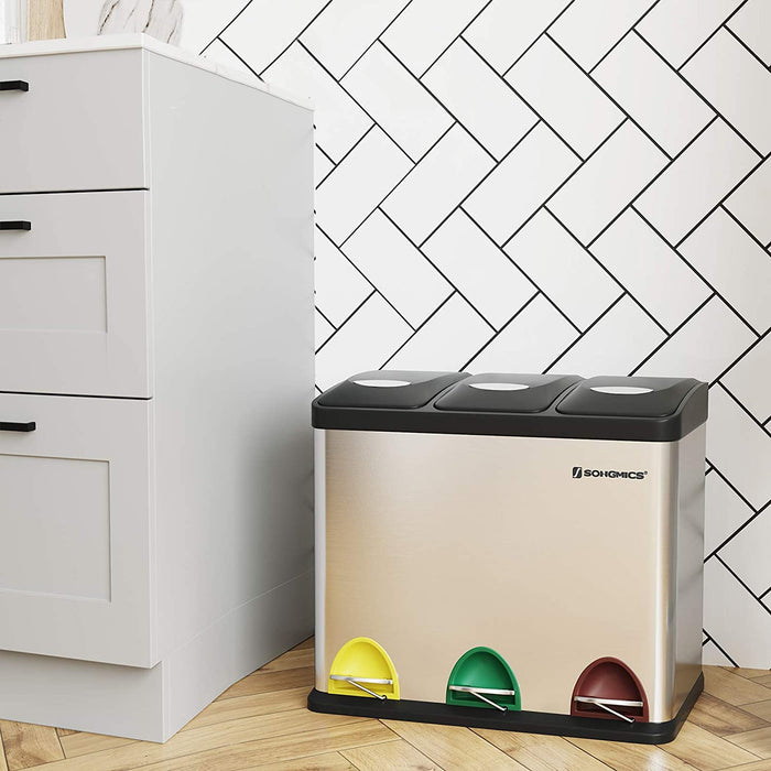 Mülleimer für die Küche, Treteimer aus Metall, 3-in-1 Abfalleimer, 24 Liter, Mülltrennung, Mülltrennsystem, einfach zu reinigen, Stahl, silbern