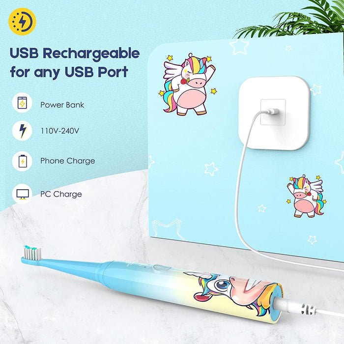 Elektrische Zahnbürste Kinder Wiederaufladbare, Ultraschall kinderzahnbürste mit Timer mit Schalltechnologie für Jungen und Mädchen ab 3 Jahren