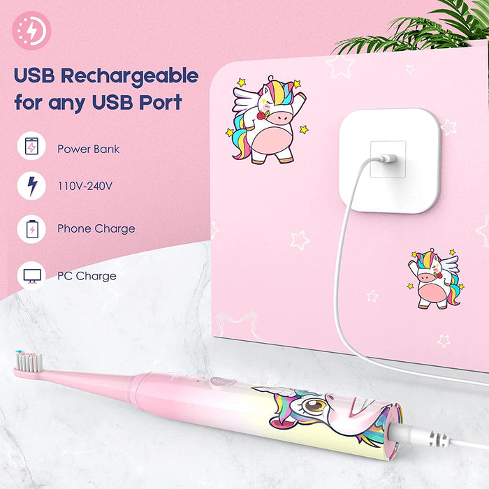Elektrische Zahnbürste Kinder Wiederaufladbare, Ultraschall kinderzahnbürste mit Timer mit Schalltechnologie für Jungen und Mädchen ab 3 Jahren 