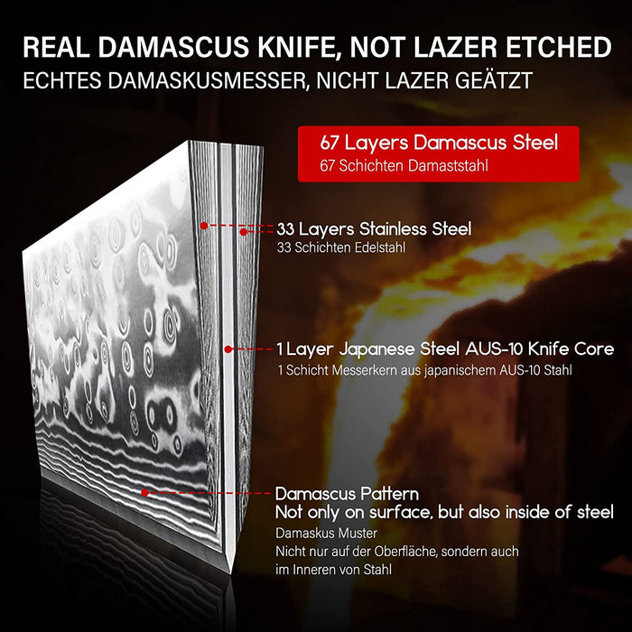 Damastmesser Kochmesser 67 Schichten Damaststahl Küchenmesser mit G10 Griff 20CM - PRO Series