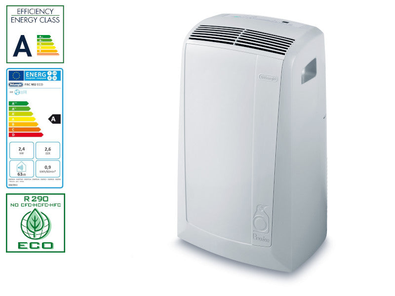 De'Longhi Pinguino PAC N82, Mobile Klimaanlage für Räume bis zu 80 m³, 9.400 BTU/h, 2,4 kW, 63 dB, Entfeuchtungsfunktion, Energieeffizienzklasse A, 12h-Timer, Weiß