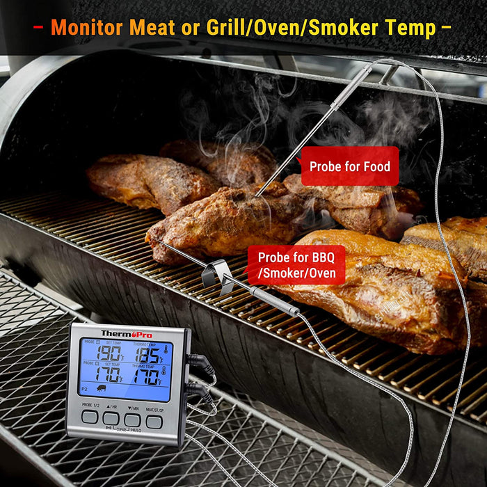 Digitales Grill-Thermometer Bratenthermometer Fleischthermometer Ofenthermometer mit Timer, Zwei Edelstahlsonden, Blaue Hinterbeleuchtung