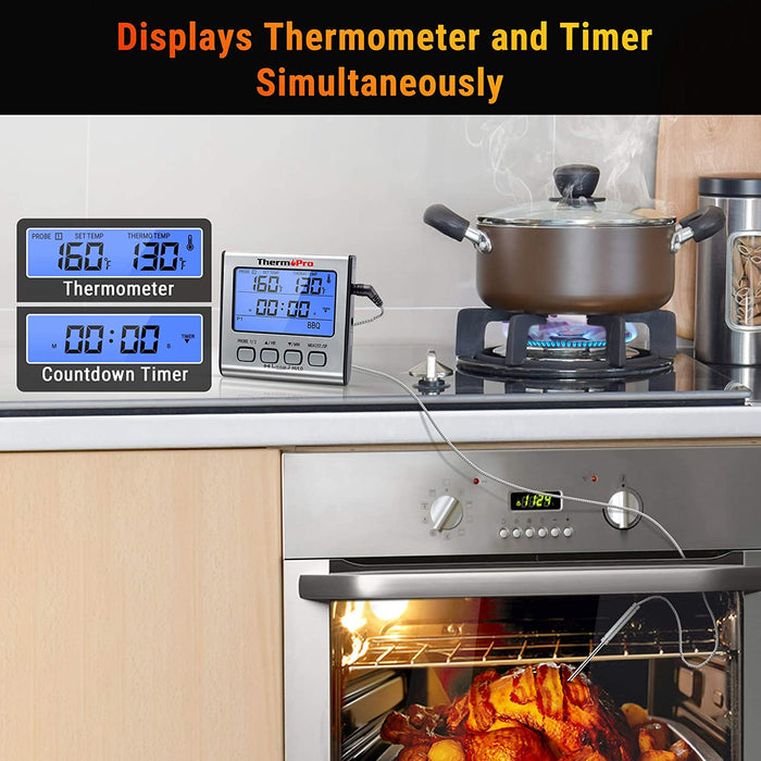 Digitales Grill-Thermometer Bratenthermometer Fleischthermometer Ofenthermometer mit Timer, Zwei Edelstahlsonden, Blaue Hinterbeleuchtung