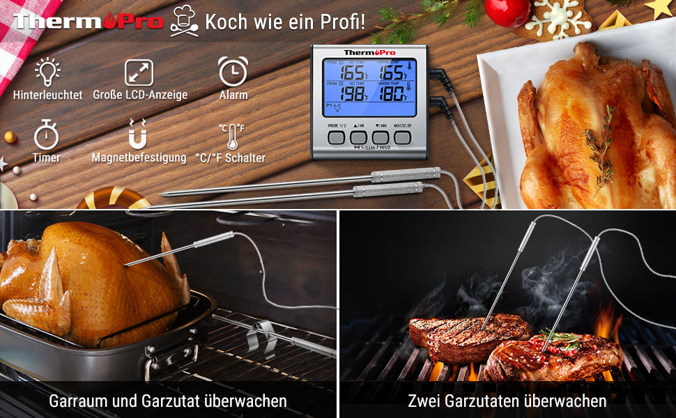 Digitales Grill-Thermometer Bratenthermometer Fleischthermometer Ofenthermometer mit Timer, Zwei Edelstahlsonden, Blaue Hinterbeleuchtung