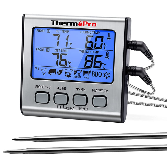 Digitales Grill-Thermometer Bratenthermometer Fleischthermometer Ofenthermometer mit Timer, Zwei Edelstahlsonden, Blaue Hinterbeleuchtung