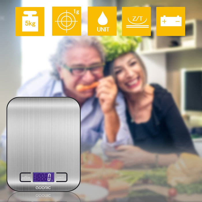 Digitalwaage Professionelle Electronische Waage, Küchenwaage mit LCD Display-wunderbare Präzision auf bis zu 1g(5kg Maximalgewicht)-Silbrig