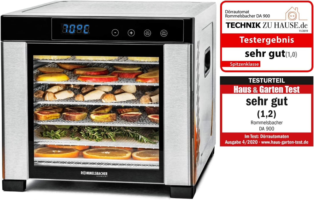 Dörrautomat große Dörrfläche 0,6 m², inkl. 6 Edelstahl-Dörrtabletts, 1 Dörrgitter, 1 Dörrmatte, LED-Display, 24 Std. Zeitschaltuhr, Temperatur einstellbar (35 °C – 75 °C)Dörrautomat große Dörrfläche 0,6 m², inkl. 6 Edelstahl-Dörrtabletts, 1 Dörrgitter, 1 Dörrmatte, LED-Display, 24 Std. Zeitschaltuhr, Temperatur einstellbar (35 °C – 75 °C)