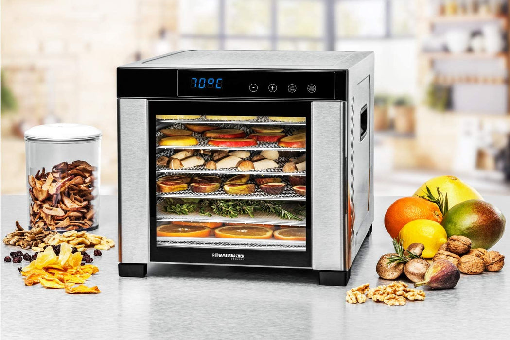 Dörrautomat große Dörrfläche 0,6 m², inkl. 6 Edelstahl-Dörrtabletts, 1 Dörrgitter, 1 Dörrmatte, LED-Display, 24 Std. Zeitschaltuhr, Temperatur einstellbar (35 °C – 75 °C)