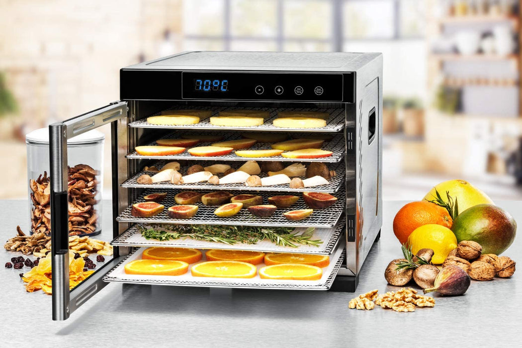 Dörrautomat große Dörrfläche 0,6 m², inkl. 6 Edelstahl-Dörrtabletts, 1 Dörrgitter, 1 Dörrmatte, LED-Display, 24 Std. Zeitschaltuhr, Temperatur einstellbar (35 °C – 75 °C)