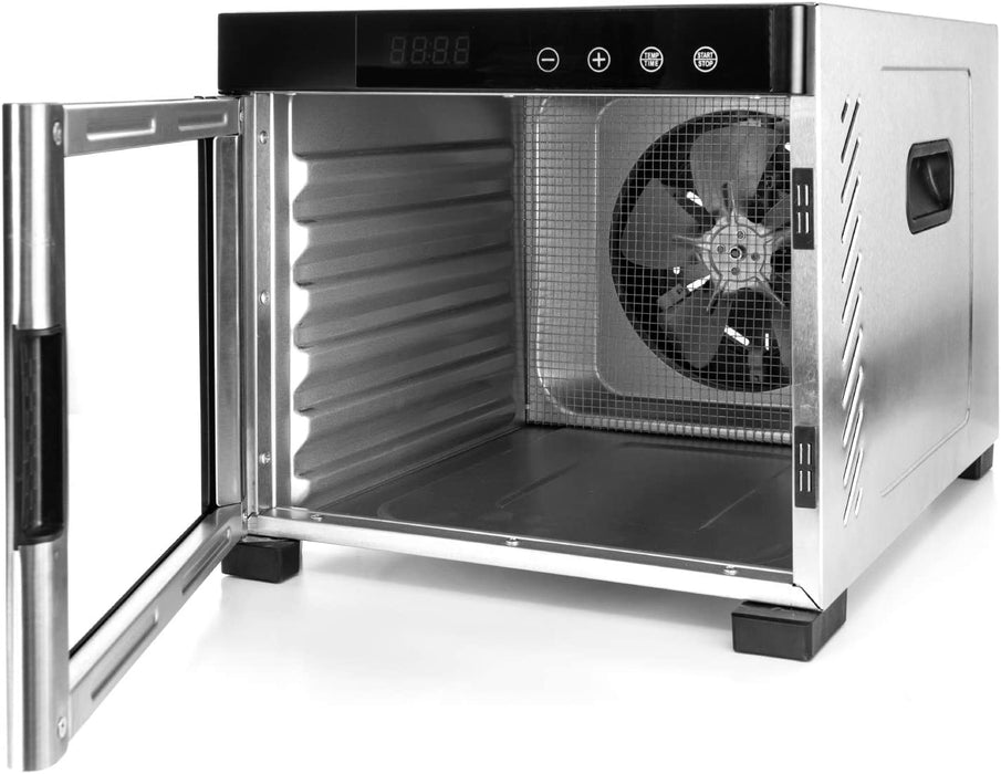 Dörrautomat große Dörrfläche 0,6 m², inkl. 6 Edelstahl-Dörrtabletts, 1 Dörrgitter, 1 Dörrmatte, LED-Display, 24 Std. Zeitschaltuhr, Temperatur einstellbar (35 °C – 75 °C)