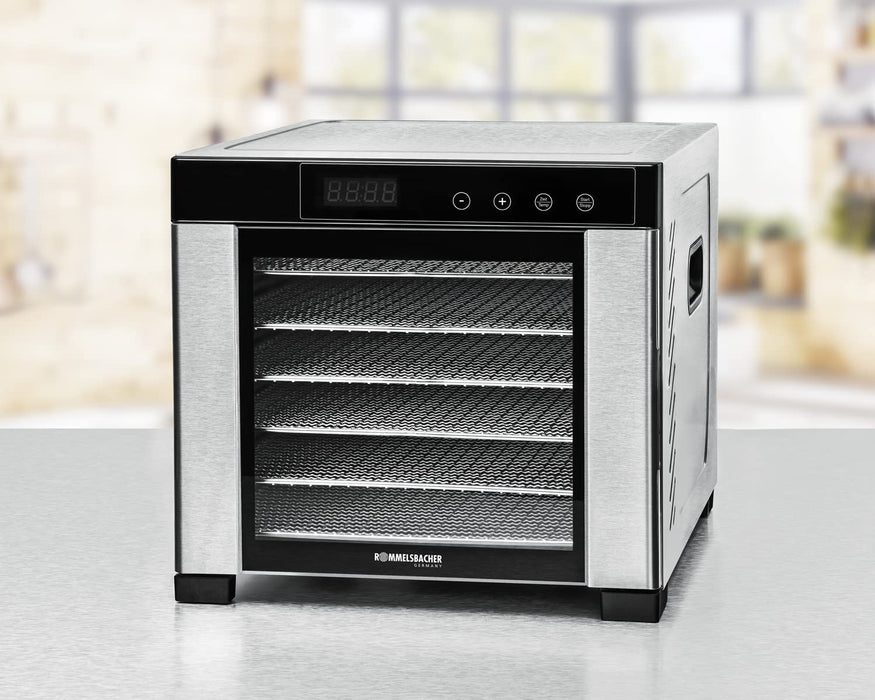 Dörrautomat große Dörrfläche 0,6 m², inkl. 6 Edelstahl-Dörrtabletts, 1 Dörrgitter, 1 Dörrmatte, LED-Display, 24 Std. Zeitschaltuhr, Temperatur einstellbar (35 °C – 75 °C)