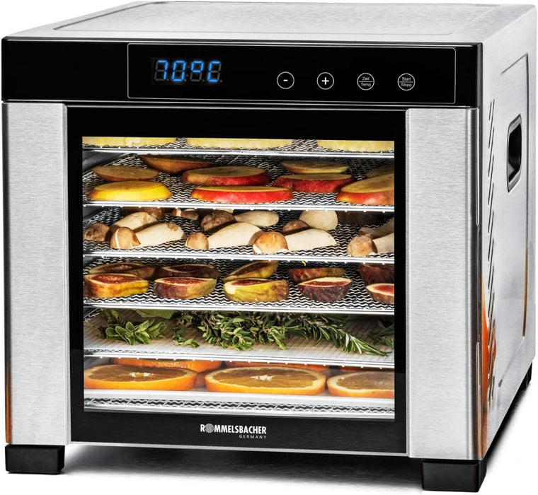 Dörrautomat große Dörrfläche 0,6 m², inkl. 6 Edelstahl-Dörrtabletts, 1 Dörrgitter, 1 Dörrmatte, LED-Display, 24 Std. Zeitschaltuhr, Temperatur einstellbar (35 °C – 75 °C)