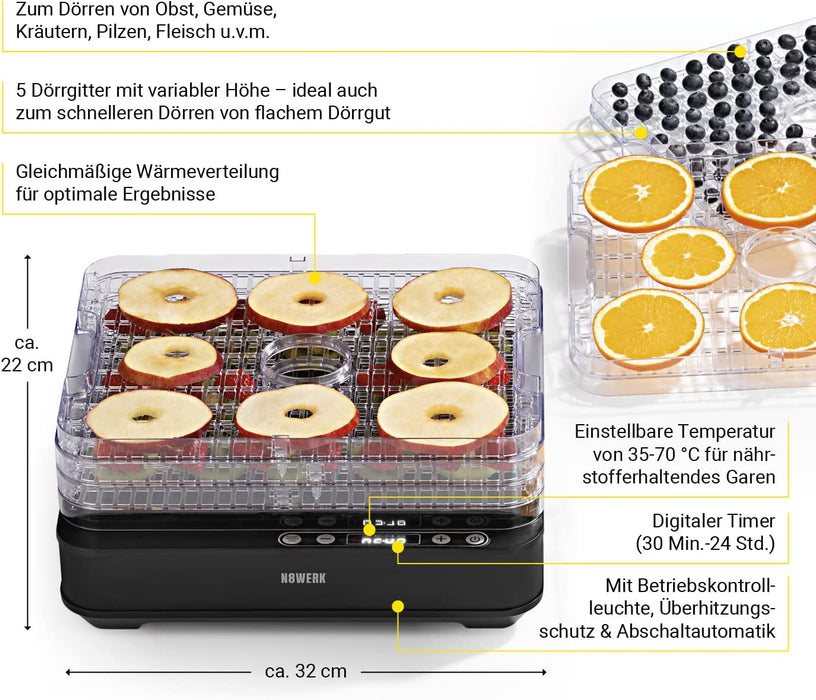 Dörrautomat Edelstahl | Temperaturregler von 35-70 °C, Digitaler Timer (bis 24 Std.) | Dörrgerät mit 5 Gittern, Höhe variabel einstellbar 