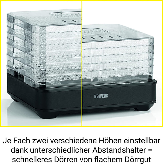 Dörrautomat Edelstahl | Temperaturregler von 35-70 °C, Digitaler Timer (bis 24 Std.) | Dörrgerät mit 5 Gittern, Höhe variabel einstellbar 