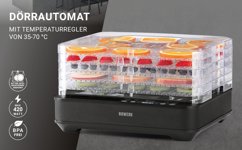 Dörrautomat Edelstahl | Temperaturregler von 35-70 °C, Digitaler Timer (bis 24 Std.) | Dörrgerät mit 5 Gittern, Höhe variabel einstellbar 