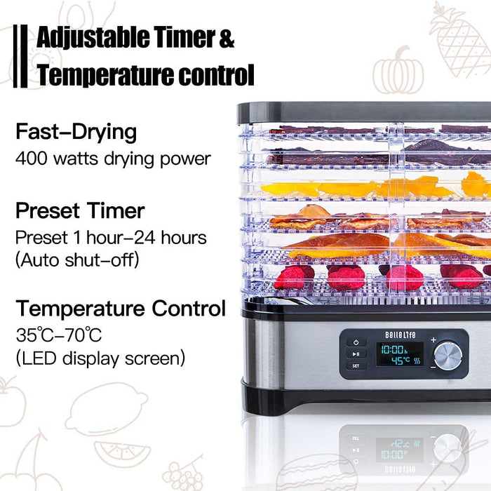 Dörrautomat Edelstahl，Bellelife Dörrgerät mit Temperaturregler, Dörrapparat mit 6 Einlegefächer, 400W, 35-70°C, 24h-Timer,Dehydrator, Lebensmittel 