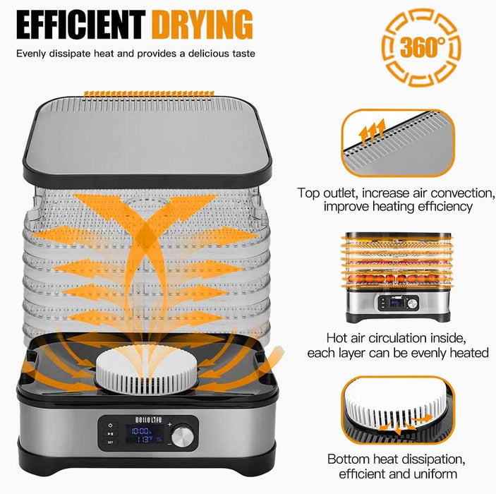 Dörrautomat Edelstahl，Bellelife Dörrgerät mit Temperaturregler, Dörrapparat mit 6 Einlegefächer, 400W, 35-70°C, 24h-Timer,Dehydrator, Lebensmittel 