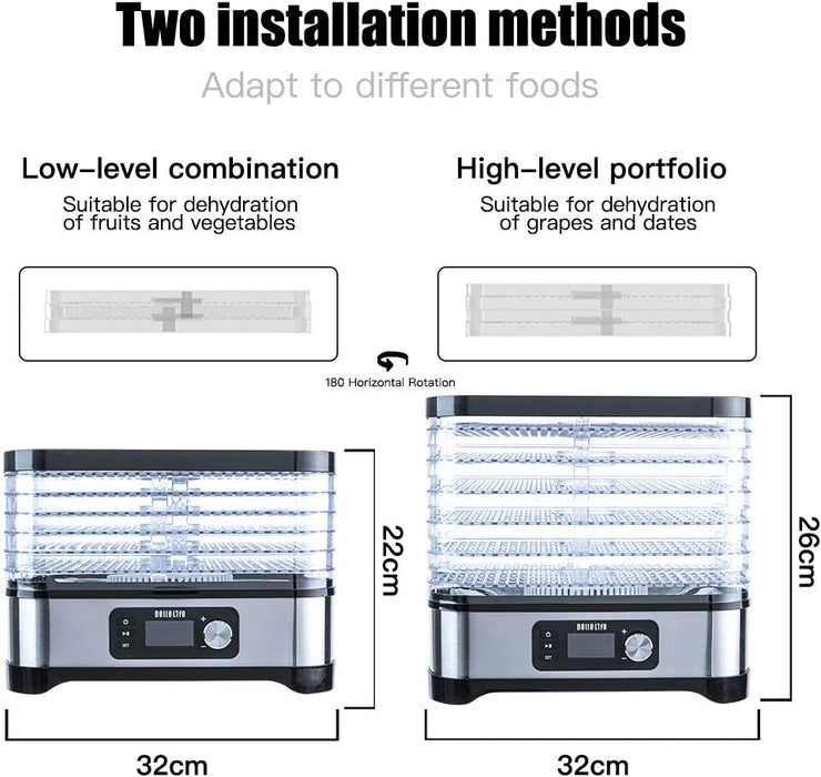 Dörrautomat Edelstahl，Bellelife Dörrgerät mit Temperaturregler, Dörrapparat mit 6 Einlegefächer, 400W, 35-70°C, 24h-Timer,Dehydrator, Lebensmittel 