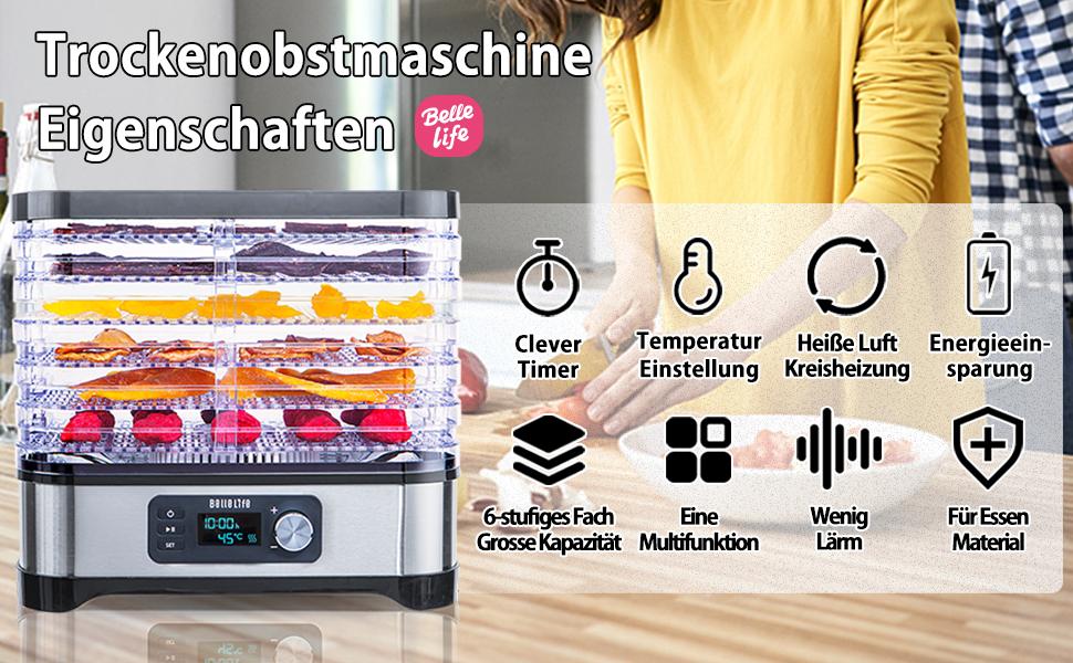 Dörrautomat Edelstahl，Bellelife Dörrgerät mit Temperaturregler, Dörrapparat mit 6 Einlegefächer, 400W, 35-70°C, 24h-Timer,Dehydrator, Lebensmittel 