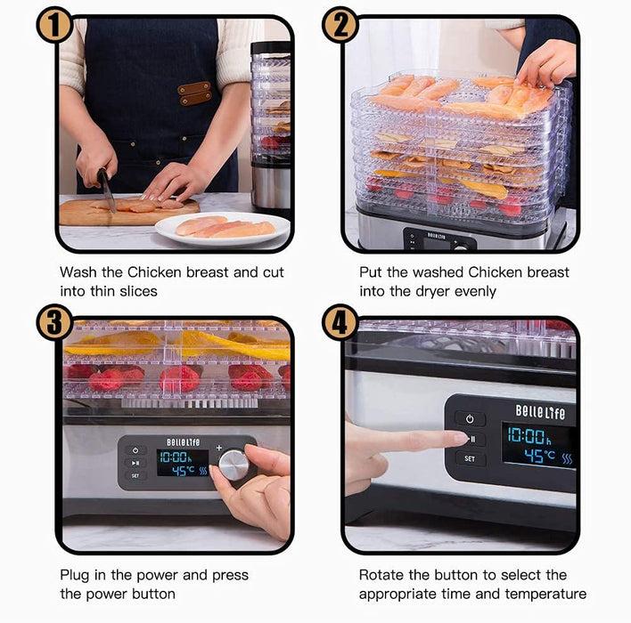 Dörrautomat Edelstahl，Bellelife Dörrgerät mit Temperaturregler, Dörrapparat mit 6 Einlegefächer, 400W, 35-70°C, 24h-Timer,Dehydrator, Lebensmittel 