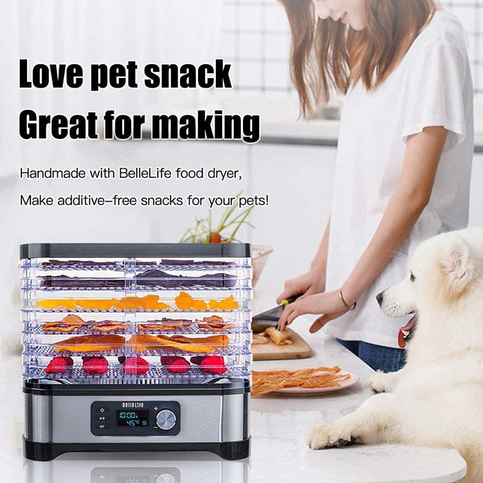 Dörrautomat Edelstahl，Bellelife Dörrgerät mit Temperaturregler, Dörrapparat mit 6 Einlegefächer, 400W, 35-70°C, 24h-Timer,Dehydrator, Lebensmittel 