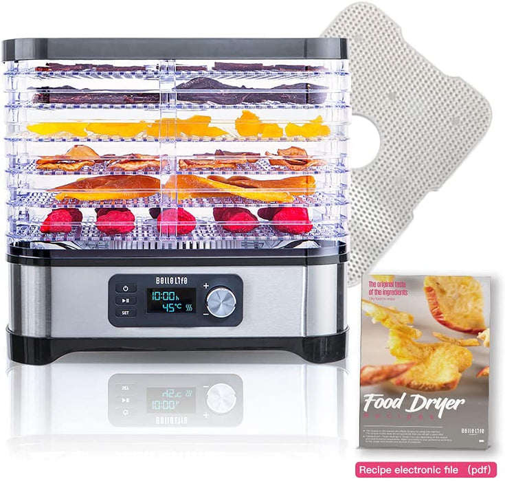 Dörrautomat Edelstahl，Bellelife Dörrgerät mit Temperaturregler, Dörrapparat mit 6 Einlegefächer, 400W, 35-70°C, 24h-Timer,Dehydrator, Lebensmittel 