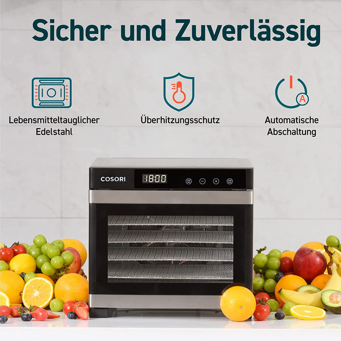 Dörrautomat edelstahl, Food Dehydrator mit 50 Rezepte, inkl. 6 Edelstahl-Dörrtabletts, 3 Dörrgitter, 3 Dörrmatte, große Fläche 0,6 m²