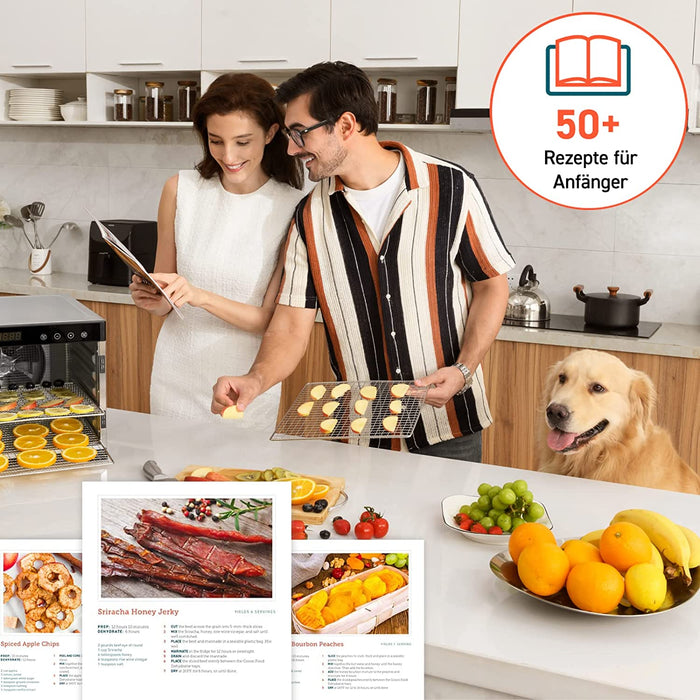 Dörrautomat edelstahl, Food Dehydrator mit 50 Rezepte, inkl. 6 Edelstahl-Dörrtabletts, 3 Dörrgitter, 3 Dörrmatte, große Fläche 0,6 m²