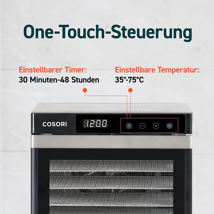 Dörrautomat edelstahl, Food Dehydrator mit 50 Rezepte, inkl. 6 Edelstahl-Dörrtabletts, 3 Dörrgitter, 3 Dörrmatte, große Fläche 0,6 m²